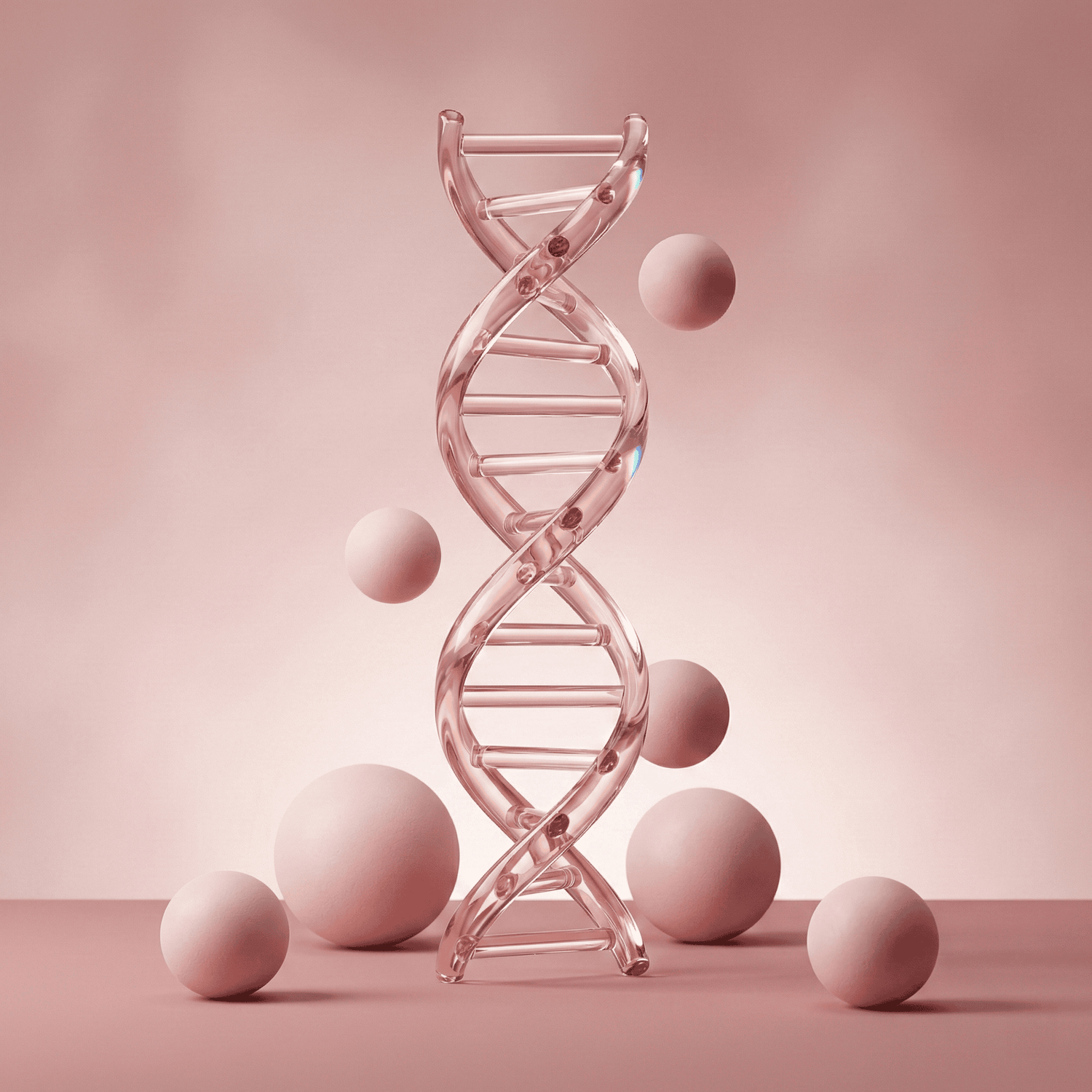 A transparent double helix DNA model stands upright, surrounded by floating and resting spherical objects, all in varying shades of pink against a pink backdrop.