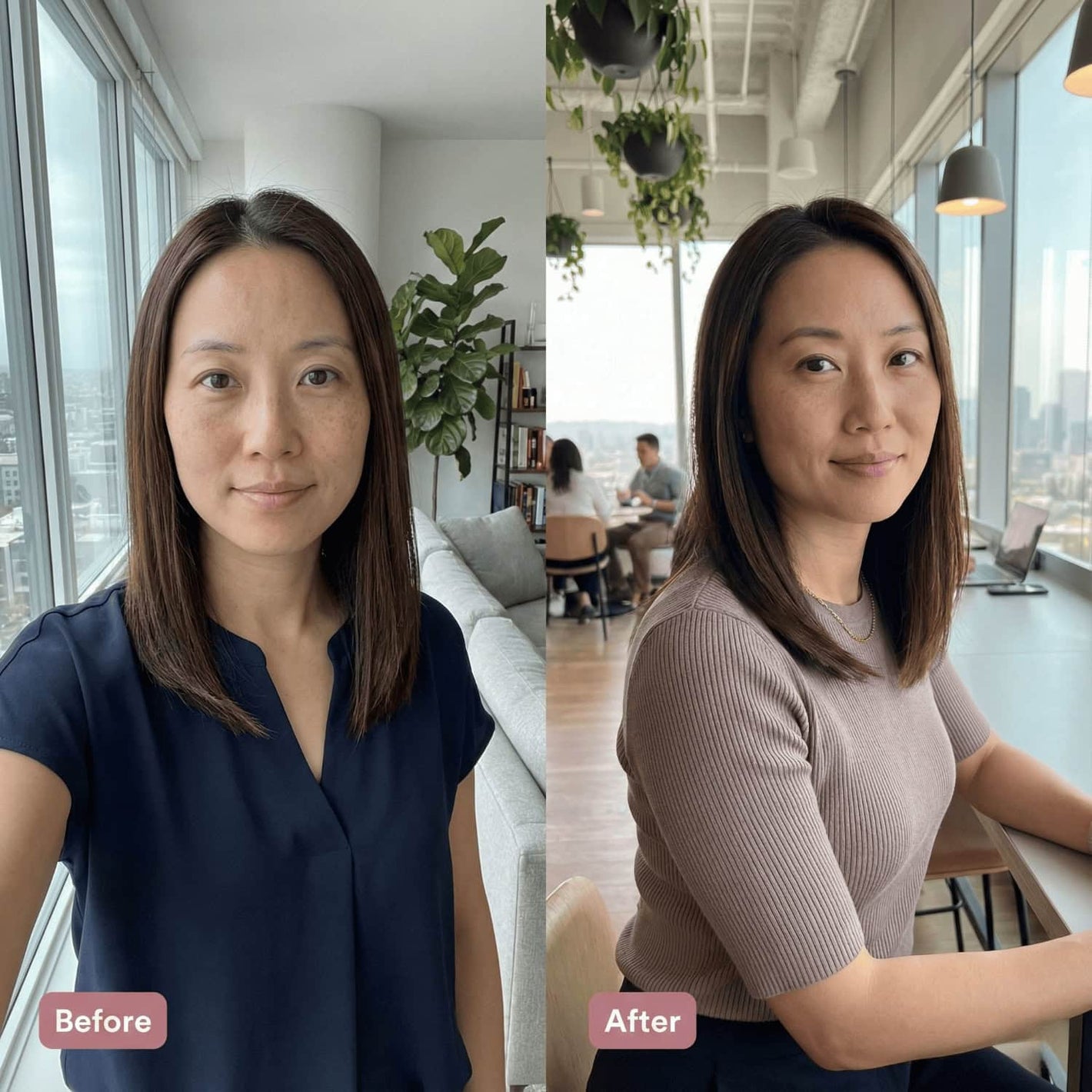 Split-screen image showing the same woman indoors. On the left (Before), she stands by a window in casual attire with a neutral expression. On the right (After), she sits in an office, smiling slightly and appearing more polished.