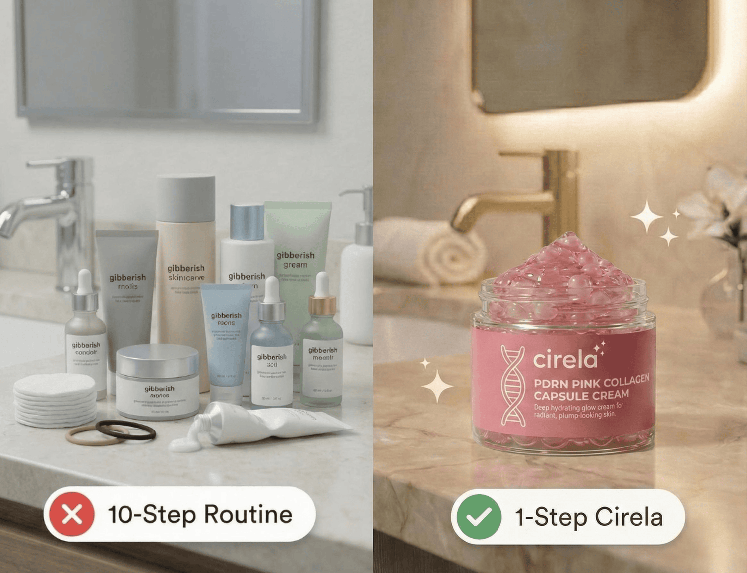 A split image shows a cluttered 10-step skincare routine with various bottles and jars on the left, and a single jar of Cirela PDRN Pink Collagen Capsule Cream as a 1-step solution on the right.