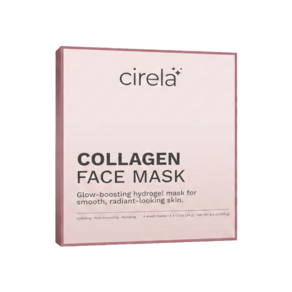 A pink box of Cirela Collagen Face Mask, described as a glow-boosting hydrogel mask for smooth, radiant-looking skin. The packaging highlights hydrating, pore-smoothing, and plumping benefits.