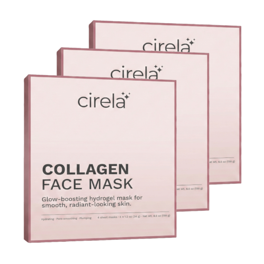 Three boxes of Cirela Collagen Face Mask are stacked side by side. The packaging is light pink with bold black text stating it is a glow-boosting hydrogel mask for smooth, radiant-looking skin.
