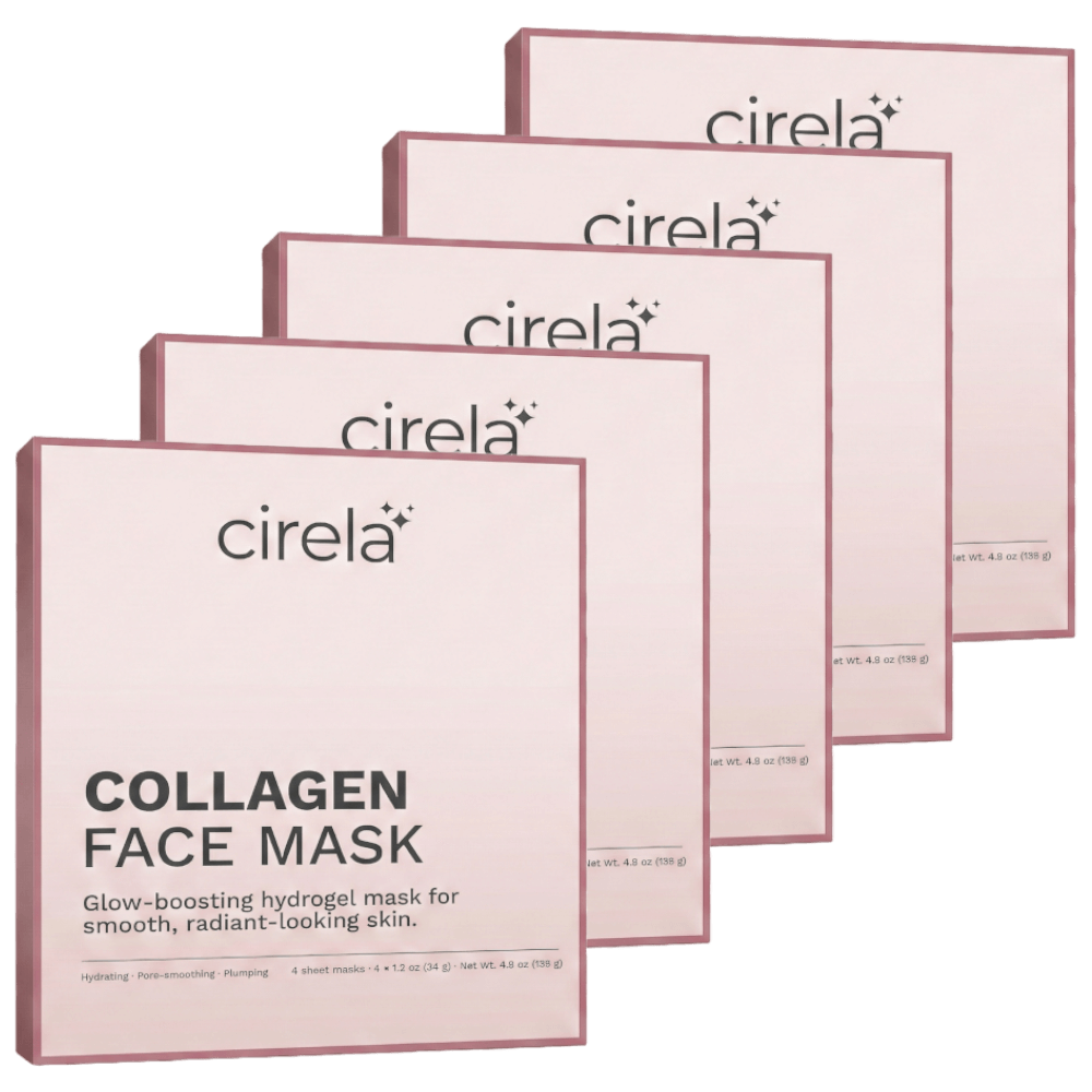 Four pink boxes of cirela Collagen Face Mask are arranged in a row, slightly overlapping. The packaging advertises glow-boosting hydrogel masks for smooth, radiant-looking skin.