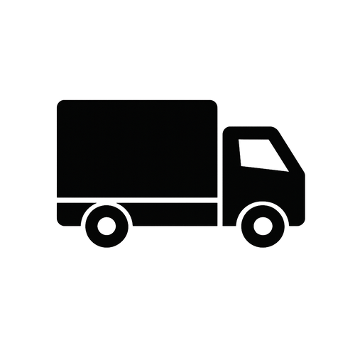 A simple black icon representing Free Shipping from Cirela Beauty shows a delivery truck with a large cargo area and two wheels, facing right on a white background.