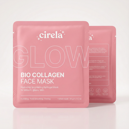 Two pink sachets of Cirela Beauty Collagen Facemask are displayed, with packaging emphasizing hydration, brightening, and pore-smoothing benefits and the bold word "GLOW" on the front.
