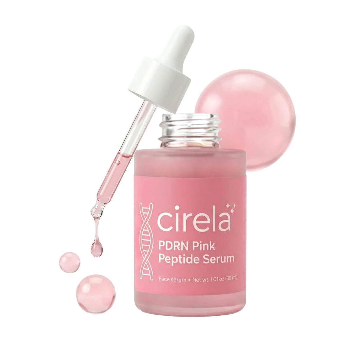 A bottle of Cirela Beauty PDRN Pink Peptide Serum—a hydrating peptide serum with a dropper dispensing pink liquid—sits partially open, accompanied by two pink drops and a glossy pink sphere.