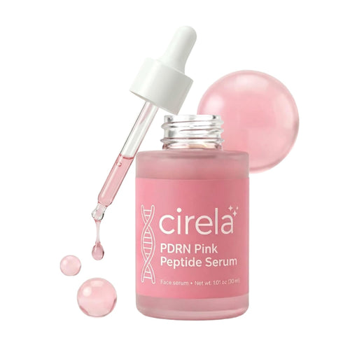 A bottle of Cirela Beauty PDRN Pink Peptide Serum—a hydrating peptide serum with a dropper dispensing pink liquid—sits partially open, accompanied by two pink drops and a glossy pink sphere.